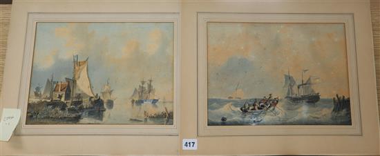 Hermanus G. Groenewegen (1825-1879) pair of watercolours, Seascapes, one signed, dated 1847, 23 x 32cm, unframed